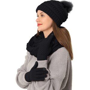 Women Winter Beanie Scarf Gloves Set Knit Faux Fur Ball Touch Screen Warm